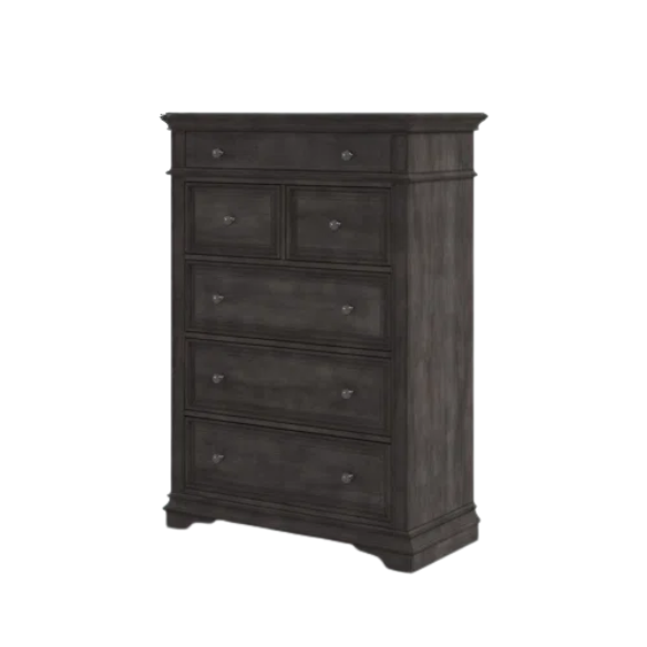 Rustic Driftwood Grey King 5-Piece Bedroom Set – Upholstered Tufted Bed, Nightstand, Dresser with Mirror, and Chest