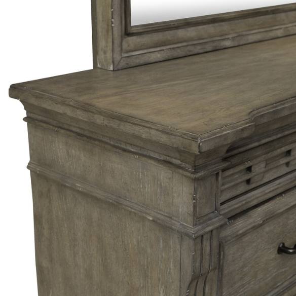 Timeless Elegance Barrigan 6-Piece King Panel Bed, Dresser, Mirror, Chest & Nightstand Set – Dusty Taupe Finish, Burnished Brass Accents, Full Extension Drawers, Cedar & Felt-Lined Drawers, Decorative Fretwork, and Built-in Charging Station