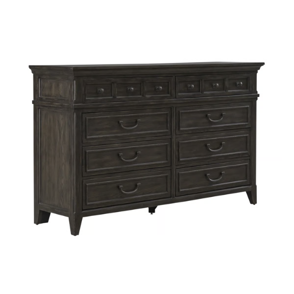 Rustic Elegance 3-Piece King Panel Bed, Dresser & Mirror Set in Saddle Brown – Crafted with Rubberwood and Split Heart White Oak Veneers, Soft-Close Drawers, Cedar Lining, Antique Pewter Hardware, and Crown Molding Details