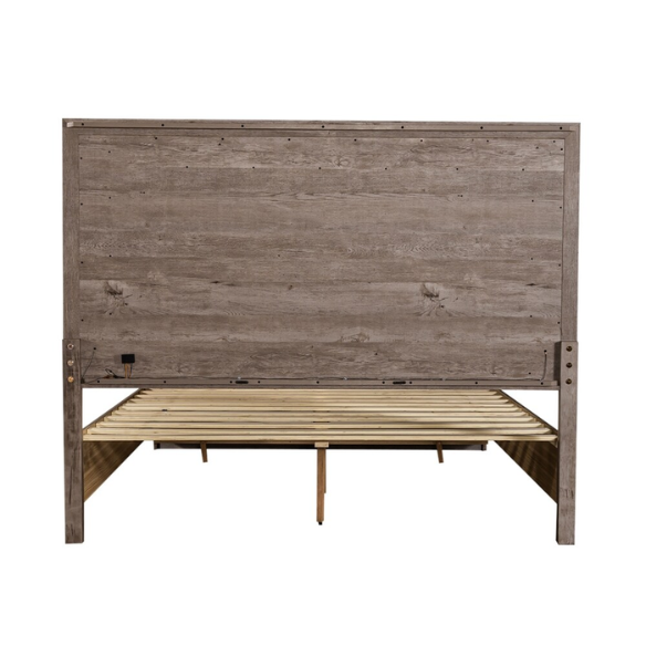 Modern Greystone 4-Piece King Storage Bed, Dresser, Mirror & Nightstand Set with LED Lighting, Built-In Charging Station, and Brushed Nickel Hardware – Floating Panel Headboard and Plinth Base