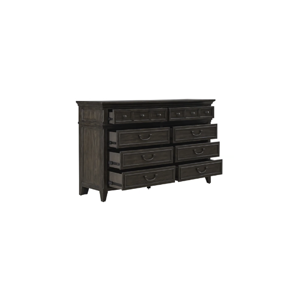 Rustic Elegance 3-Piece King Panel Bed, Dresser & Mirror Set in Saddle Brown – Crafted with Rubberwood and Split Heart White Oak Veneers, Soft-Close Drawers, Cedar Lining, Antique Pewter Hardware, and Crown Molding Details