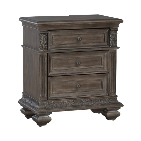 Brown & Beige King Poster Bedroom Set with Dresser, Mirror, Chest & Nightstand – Rustic Hickory Veneers, Sand Linen Upholstery, Antique Brass Accents