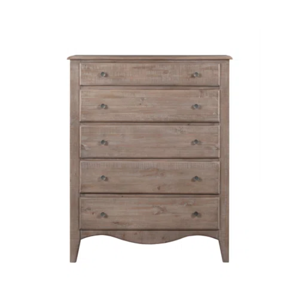 Rustic Charm Meets Chic Elegance: Solid Wood Platform King Size Bedroom Set with Scalloped Edges, Weathered White Wash Finish, Unique Grain Patterns, Angled Feet, and Oil-Rubbed Bronze Drawer Pulls