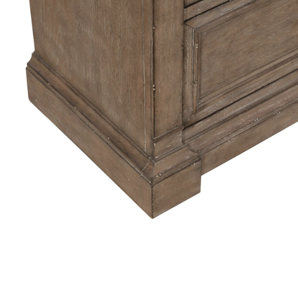 Timeless Elegance Barrigan 6-Piece King Panel Bed, Dresser, Mirror, Chest & Nightstand Set – Dusty Taupe Finish, Burnished Brass Accents, Full Extension Drawers, Cedar & Felt-Lined Drawers, Decorative Fretwork, and Built-in Charging Station