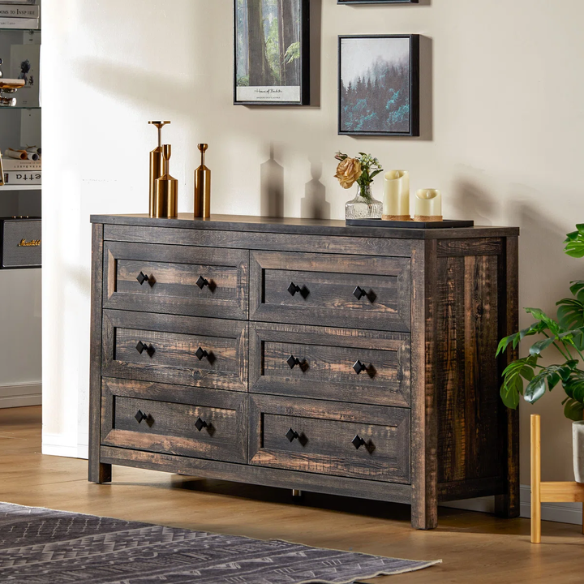 6-Drawer Dresser – A Perfect Blend of Rustic Charm and Industrial Elegance, Featuring a Clean-Lined Silhouette and Weathered Finish. Crafted from Solid and Engineered Wood