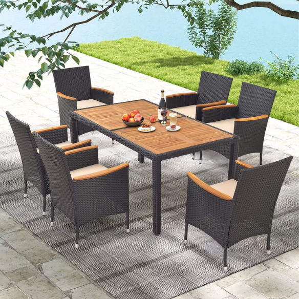 Outdoor Patio Dining Set | Acacia Wood Table and Chairs with Plush Cushions | Stylish Wicker Patio Furniture for Comfort and Elegance