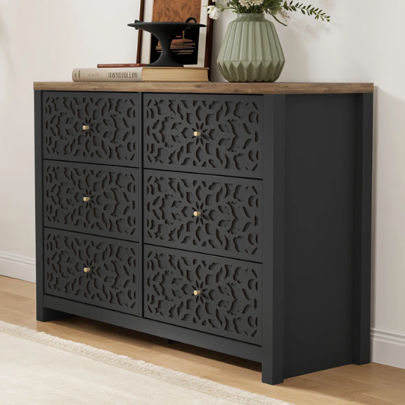 Boho-Inspired 45.4" 6-Drawer Dresser with Distressed Finish and Openwork Floral Details