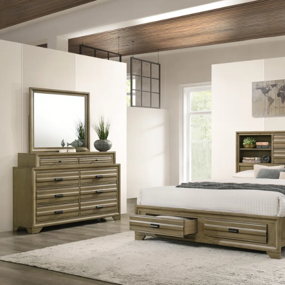 Contemporary Solid Wood 4-Piece Platform Queen Bedroom Set – Storage Bed with Headboard Shelves, Dresser, Nightstand, and Textured Drawer Fronts