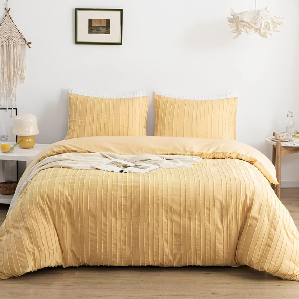 Luxurious Tufted Duvet Cover Set – Queen Size | Striped Textured Boho Bedding | Ultra-Soft Washed Microfiber | 3-Piece Set