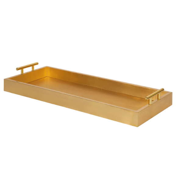 Sleek and Sophisticated Long Rectangular Serving Tray – High Gloss Wood with Polished Metal Handles, Perfect for Entryway, Vanity, or Coffee Table