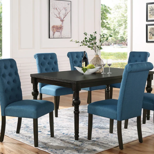 7-Piece Dark-Wash Wood Dining Set with Turned Legs – Classic Traditional Style with Distressed Finish