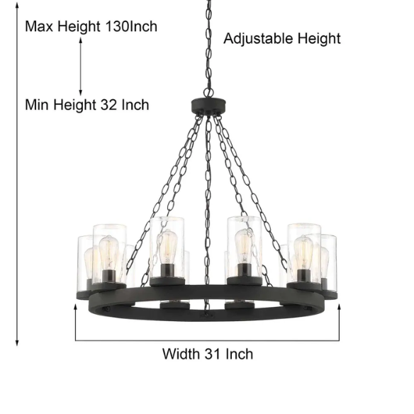 10-Light Farmhouse Black Wagon Wheel Chandelier – Rustic Metal and Clear Glass Ceiling Light for Dining Room, Foyer, Living Room, or Bedroom