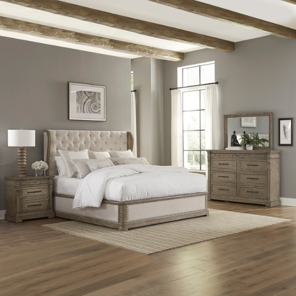 Timeless Elegance Barrigan 6-Piece King Panel Bed, Dresser, Mirror, Chest & Nightstand Set – Dusty Taupe Finish, Burnished Brass Accents, Full Extension Drawers, Cedar & Felt-Lined Drawers, Decorative Fretwork, and Built-in Charging Station