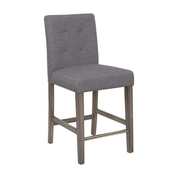 Upholstered 25" Counter Height Bar Stool – Modern Farmhouse Design with Tufted Back, Foam Padded Seat, Washed Grey Solid Wood Legs, and Durable Steel Footrest