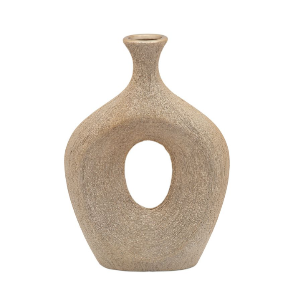 Abstract Sculptural Ceramic Vase with Unique Oval Cut-Out Design – 13" Modern Beaded Accent Vase for Tabletop or Shelf Décor, Ideal for Faux Florals and Statement Styling