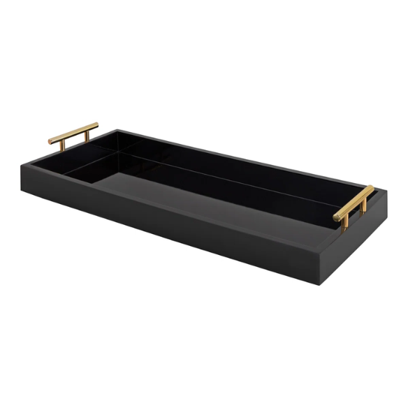Sleek and Sophisticated Long Rectangular Serving Tray – High Gloss Wood with Polished Metal Handles, Perfect for Entryway, Vanity, or Coffee Table