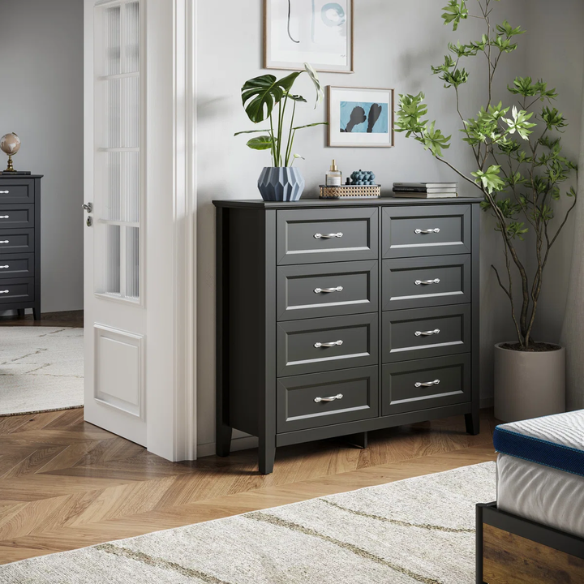 French Country-Inspired 8-Drawer 47.3" Double Dresser with Rustic Finish, Crown Molding, and Tapered Legs