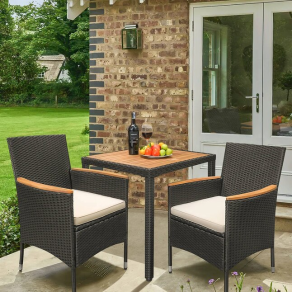 Outdoor Patio Dining Set | Acacia Wood Table and Chairs with Plush Cushions | Stylish Wicker Patio Furniture for Comfort and Elegance