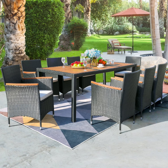 Outdoor Patio Dining Set | Acacia Wood Table and Chairs with Plush Cushions | Stylish Wicker Patio Furniture for Comfort and Elegance