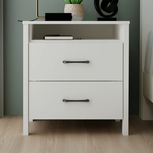 22.7" 2-Drawer Nightstand – Space-Saving Modern Minimalism, Engineered Wood with Clean-Lined Silhouette, Neutral Finish, Open Cubby & 2 Spacious Drawers for Bedroom Storage, Ideal for Tech & Accessories
