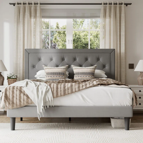 Tufted Upholstered Platform Bed – Full/Double Size with Linen Fabric, Elegant Design for Comfortable Bedrooms