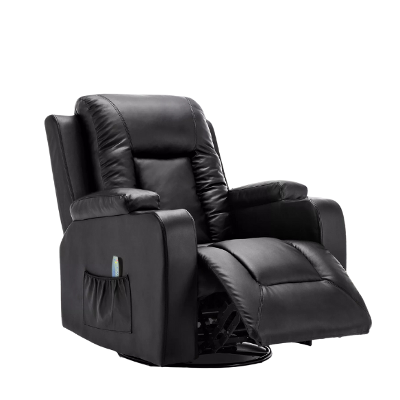 Black massage recliner with heating, vibration, and manual reclining features for ultimate comfort and relaxation. Soft faux leather upholstery, overstuffed padding, and a sturdy alloy steel frame combine style and durability. Includes remote control, dual cup holders, and convenient side pocket for storage.
