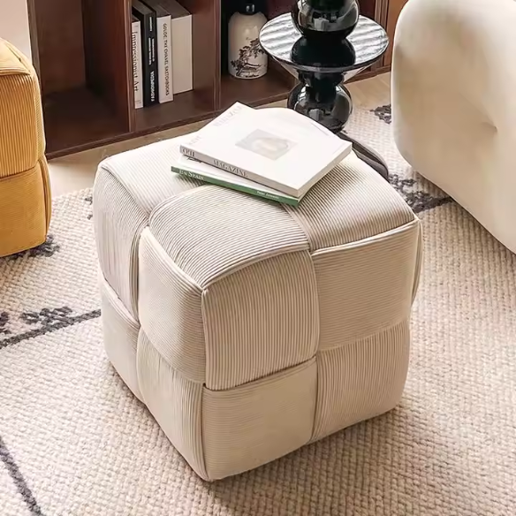 White Corduroy Ottoman - Stylish, Comfortable, and Durable Footrest with Modern Cross-Stitch Design