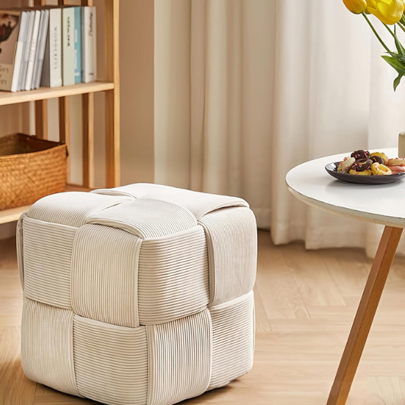 White Corduroy Ottoman - Stylish, Comfortable, and Durable Footrest with Modern Cross-Stitch Design