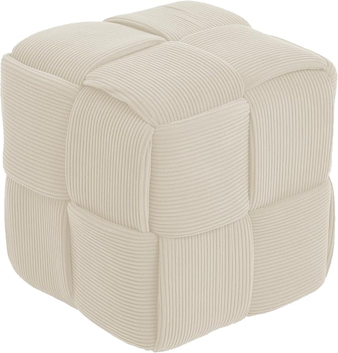 White Corduroy Ottoman - Stylish, Comfortable, and Durable Footrest with Modern Cross-Stitch Design