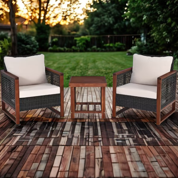 3-Piece Patio Wicker Furniture Set | Rattan Outdoor Sofa with Washable Cushions and Acacia Wood Coffee Table | Perfect for Garden and Backyard