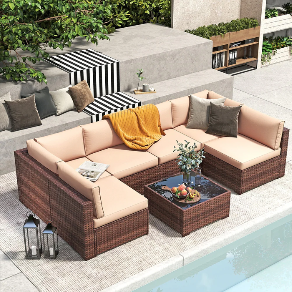 7-Piece Modular Patio Furniture Set | Wicker Outdoor Sectional Sofa with PE Rattan, Plush Pillowtop Cushions, and Coffee Table