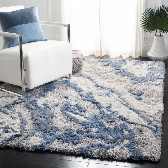 Plush Abstract Blue, Grey, and White Pattern Shag Rug