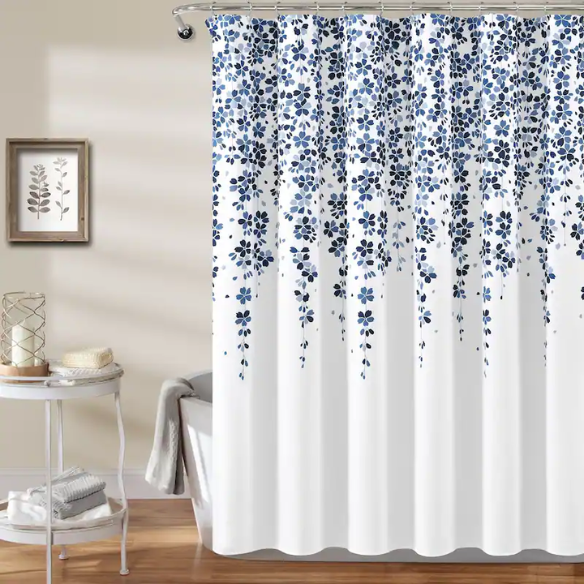 Navy, White, and Blue Weeping Flower Shower Curtain – Elegant Floral Bathroom Décor, 72" x 72"