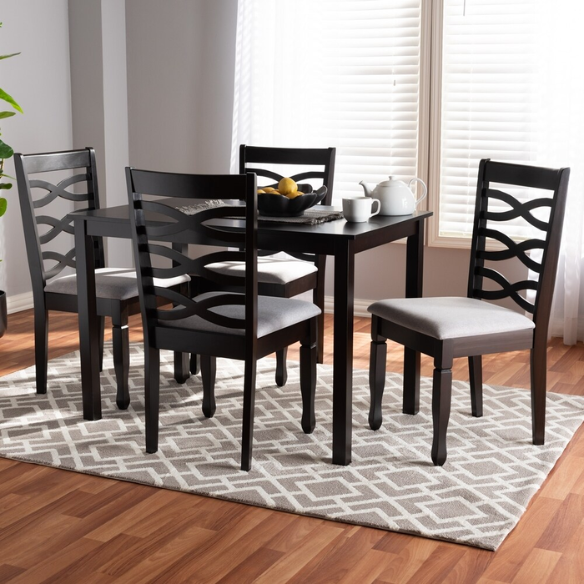 Contemporary 5-Piece Fabric & Wood Dining Set – Dark Walnut Table with Beige & Gray Upholstered Chairs