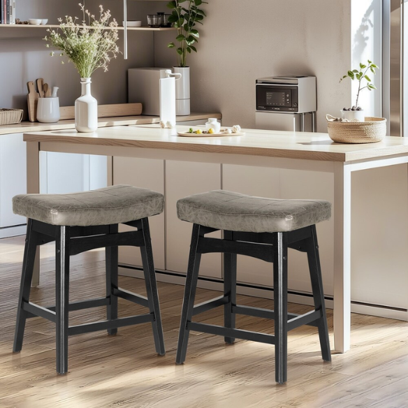 24-Inch Solid Wood Barstools with Linen/PU Leather Fabric Cushion – Set of 2 Backless Saddle Seat Counter Stools for Modern Living