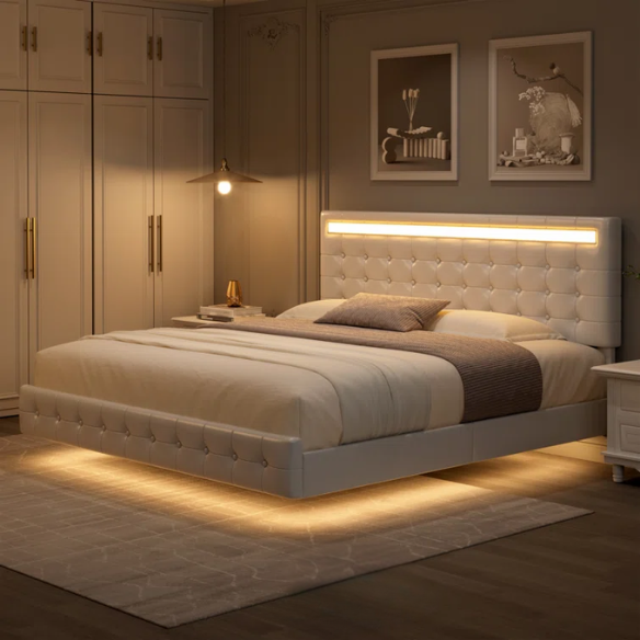 Queen Size LED Lit Platform Bed with Tufted Headboard – Modern and Stylish Design