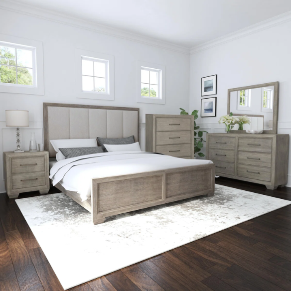 5-Piece Wood Bedroom Set with Upholstered Panel Bed, Dresser, Mirror, and Nightstand
