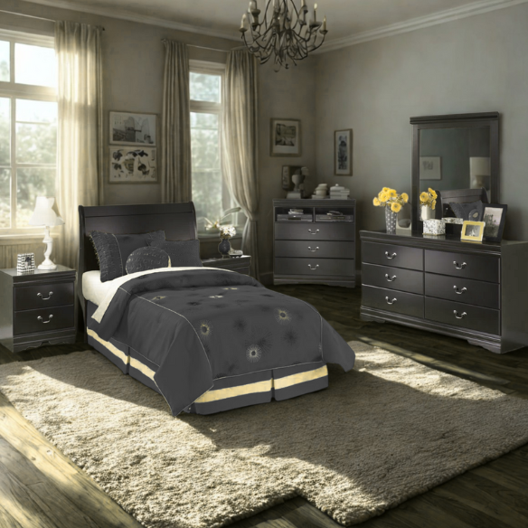 Chic 2-Piece Sleek Black Sleigh Twin Bedroom Set – Headboard and Dresser Combo