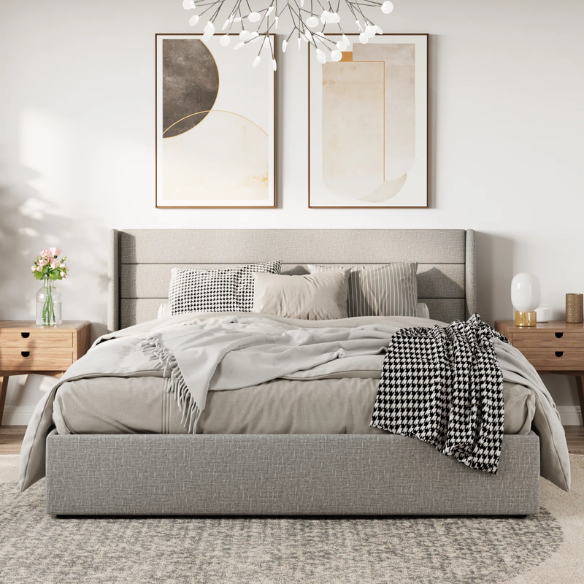 Modern King Size Upholstered Platform Bed with Hydraulic Lift Storage – Sleek Grooved Headboard, Space-Saving Design, and No Box Spring Needed