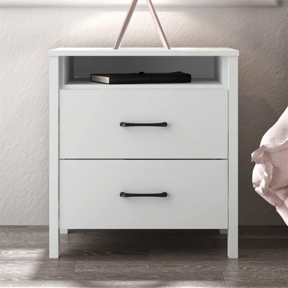 22.7" 2-Drawer Nightstand – Space-Saving Modern Minimalism, Engineered Wood with Clean-Lined Silhouette, Neutral Finish, Open Cubby & 2 Spacious Drawers for Bedroom Storage, Ideal for Tech & Accessories
