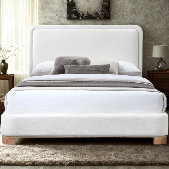 Luxurious Linen Textured Fabric King Size Upholstered Panel Bed with Solid Wood Base