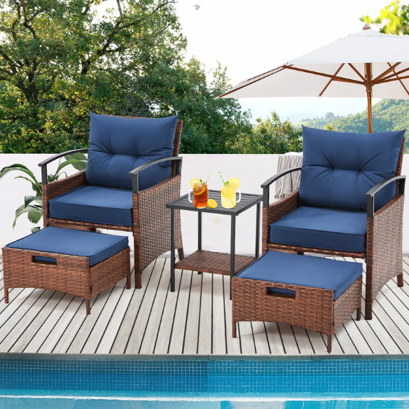 Patio Furniture Set | Outdoor Rattan Chairs with Tempered Glass Coffee Table, Ottomans, and Soft Cushions | Stylish Wicker Conversation Set