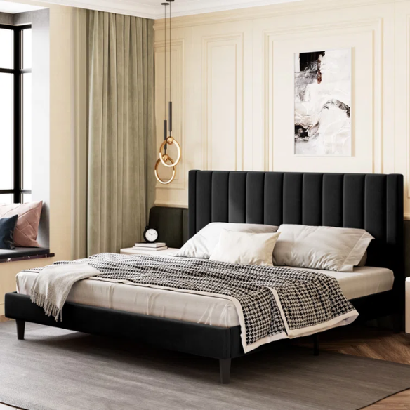 King Size Upholstered Platform Bed with Velvet Headboard, Foam Padding, and Noise-Free Construction for Ultimate Comfort