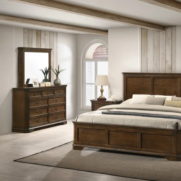 Classic Traditional Wood Queen Panel Bed with Dresser, Mirror, and Two Nightstands in Antique Walnut Finish