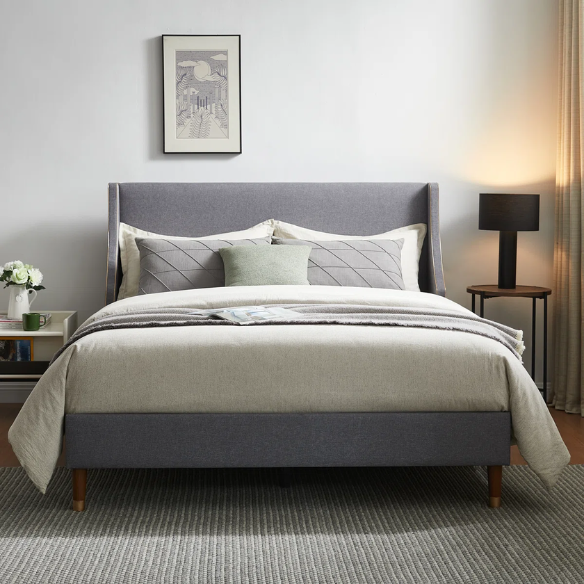 Elegant Linen Wingback Upholstered Platform Bed Frame – Luxurious Full Double Size Design with Gold Piping, Sturdy Support, and Effortless Assembly