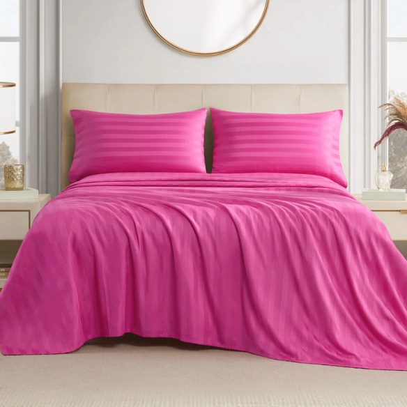 4-Piece Luxury Bed Sheet Set – Fitted & Flat Sheets with Pillowcases | Solid Stripe Bedding for Twin, Full, Queen, King Sizes