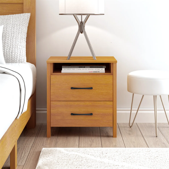 22.7" 2-Drawer Nightstand – Space-Saving Modern Minimalism, Engineered Wood with Clean-Lined Silhouette, Neutral Finish, Open Cubby & 2 Spacious Drawers for Bedroom Storage, Ideal for Tech & Accessories