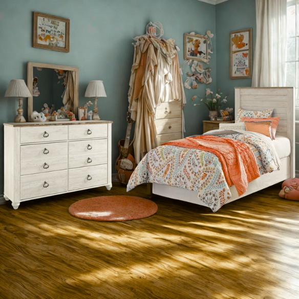 Charming Rustic White: 2-Piece Twin Bedroom & Dresser Set for a Cozy Retreat