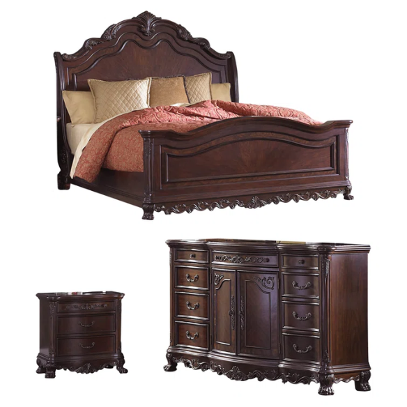 4-Piece Configurable Bedroom Set with Solid Cherry Wood Construction, Antique Walnut Veneer, Crown Molding, Carved Claw Feet, and Ample Storage - Includes Bed, Dresser, Nightstand, and Matching Mirror