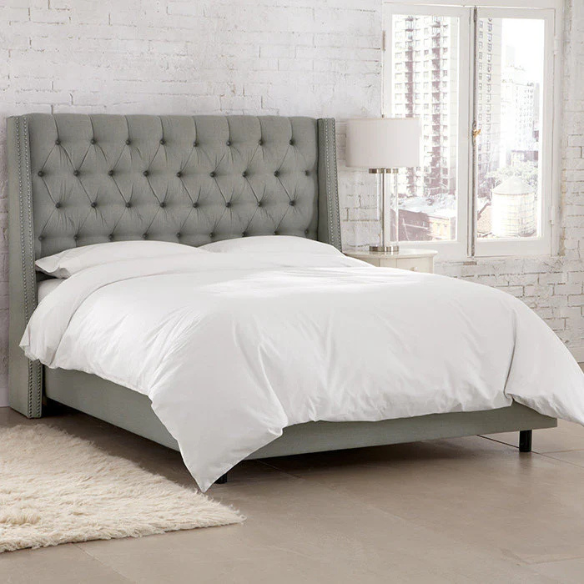 Chic Upholstered Wingback King Size Bed with Button Tufting and Nailhead Trim